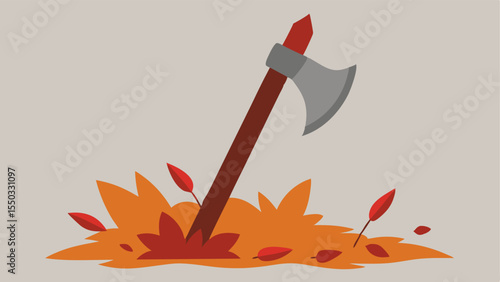 Bloody Axe on Leaves A simple design featuring a weathered axe lying on a bed of colorful autumn leaves next to a small shallow ditch with faint red stains on the blade.