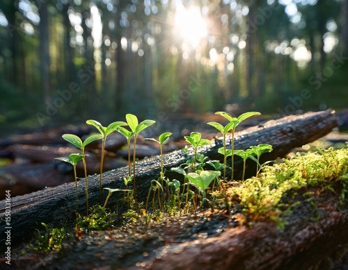 Wallpaper Mural tiny green seedlings emerge from damp forest floor around fallen twigs and logs symbolizing regeneration and the cycle of life in woodland undergrowth morning Torontodigital.ca