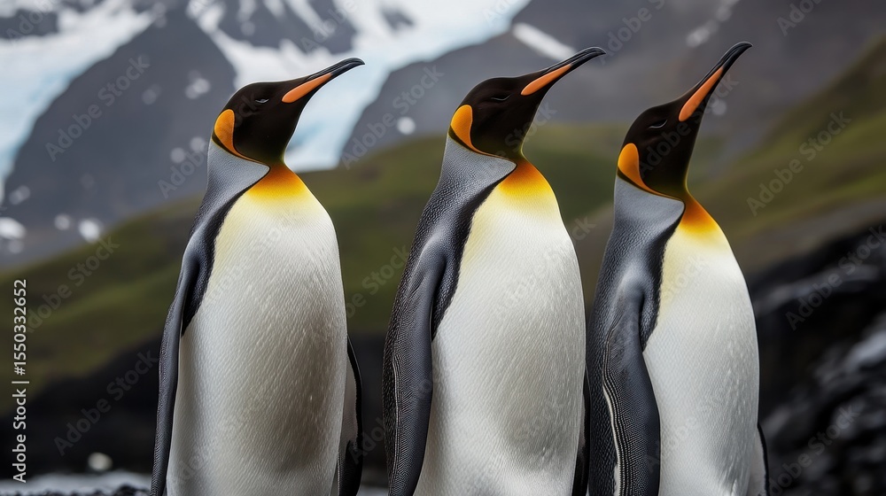 Obraz premium Wildlife Penguins in Antarctic Nature: Three Majestic Colored Beaked Penguins