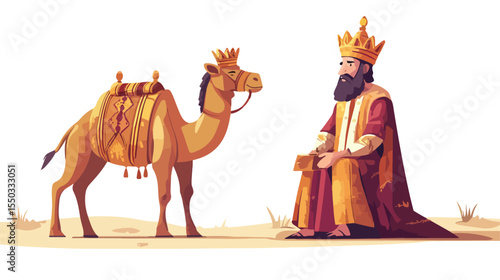 Wisdom and Leadership Concept with King and Camel in Flat Vector Illustration