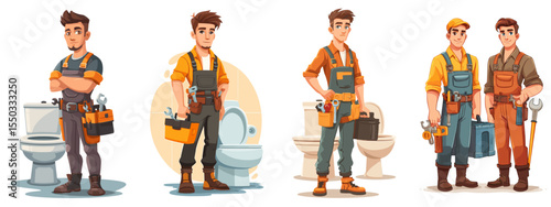 Cartoon Set of Plumbers: Characters in Action with Tools and Plumbing Equipment