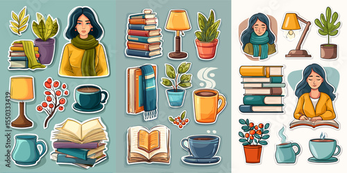 Cozy Reading and Home Decor Illustrations Featuring Plants and Books