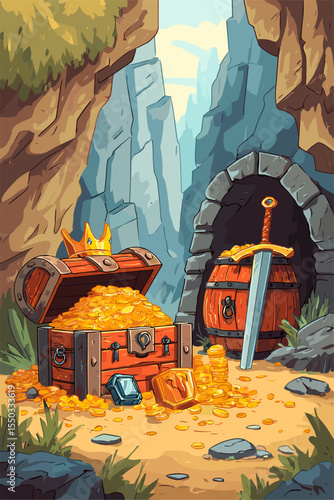 Treasure Chest and Sword in Fantasy Cave Scene