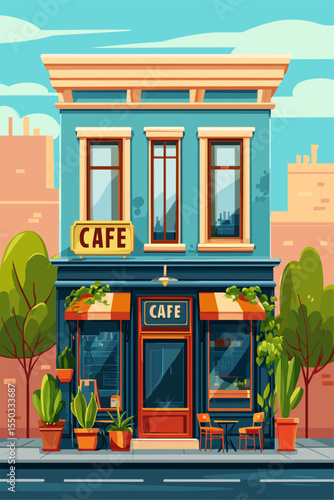 Charming Animated Cafe Exterior with Lush Greenery and Inviting Atmosphere