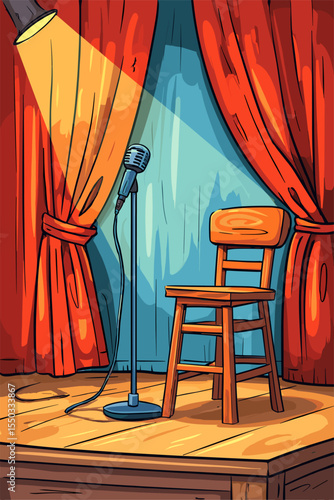 A Vibrant Comedy Stage Setup Featuring a Microphone and Wooden Chair