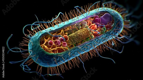 Fototapeta Naklejka Na Ścianę i Meble -  3d bacterial model with cell wall flagella and internal organelles in scientific educational style 