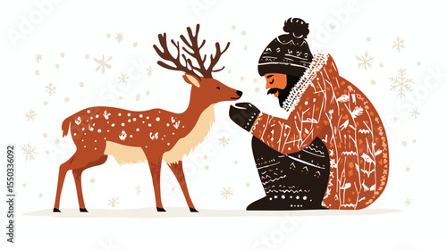 Ethnic Eskimo with Deer Flat Vector Illustration