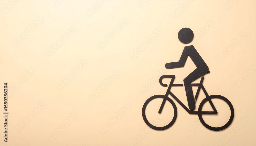 Obraz premium クリーム色マット背景の隅に細線のサイクリングピクトグラムが配置され、広い空白がプロフェッショナルで落ち着いた印象を与えるシンプルなデザイン