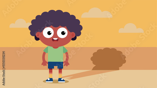 Curious Surprise A child with curly hair wearing a colorful tshirt and shorts stands on a sidewalk at sunset. The childs shadow elongated and dark on the pavement morphs into a