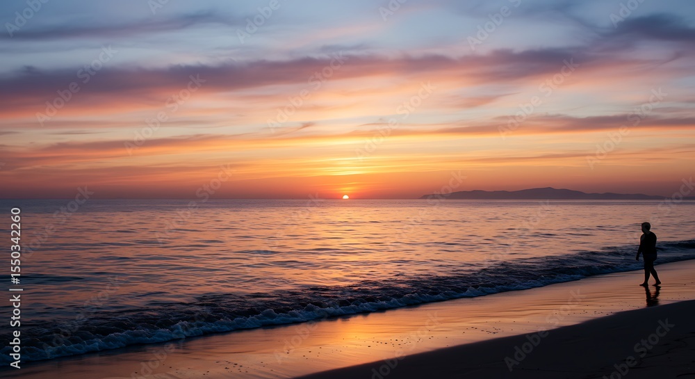 Obraz premium Solitary Sunset Stroll: A Serene Beachscape at Dusk