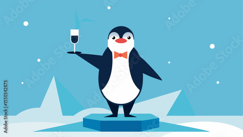 Elegant Stance A charming penguin with its black and white tuxedo perfectly tailored standing upright on an icy platform. The penguin holds a sparkling glass of champagne in its