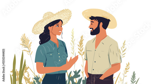 Happy Farmers Couple Talking with Straw Hat Flat Vector
