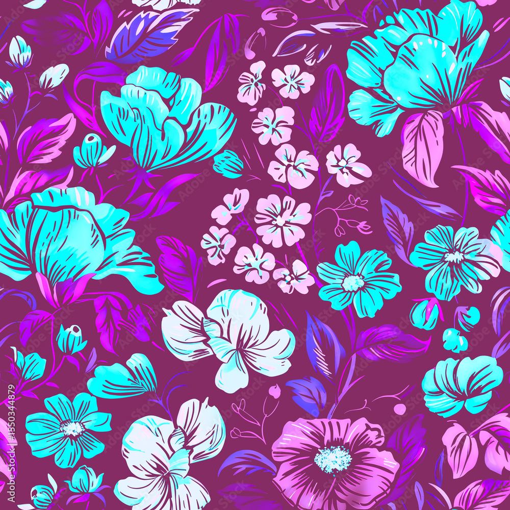 Obraz premium Seamless pattern of flowers with pink blue and orange background. 
