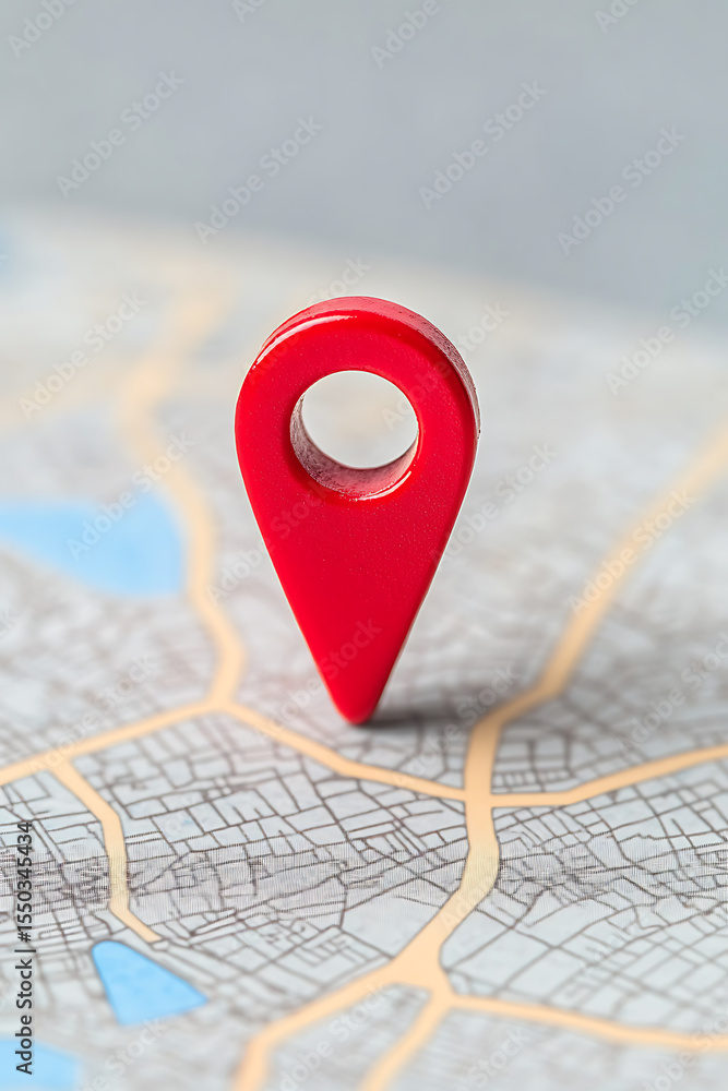 Fototapeta premium Red pin on map, location marker, navigation tool. Symbol of place, destination, and point of interest. Close up for focus.