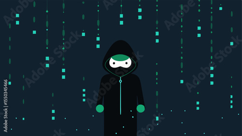 Binary Code Rain A backdrop of cascading binary code falling like rain with the hacker in front symbolizing the vast amount of data they are navigating.