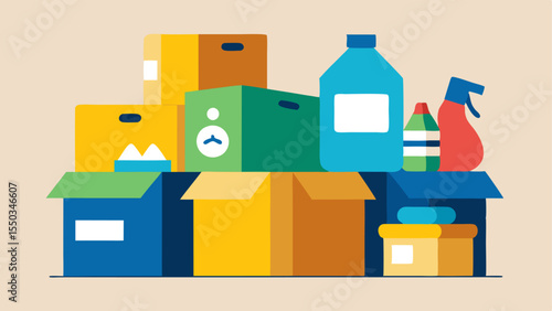 Cartons of Supplies Stacks of cardboard boxes labeled as fabric samples and cleaning supplies cleverly concealing the true contents within.