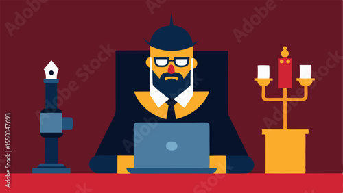 Contrast of Eras The scene captures a juxtaposition between medieval and modern. The businessperson featuring accessories like a smarch and eyeglasses sits atop a richly