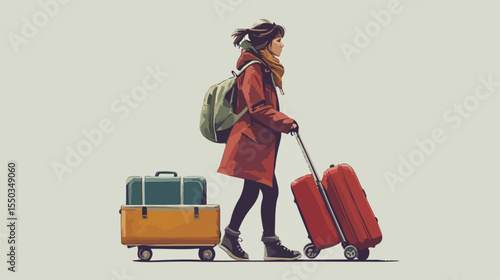 Female Passenger Wheeling Luggage Cart with Suitcases