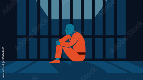 An illustration where the bars of the cell create shadows on the prisoners face symbolizing enment as they sit in deep contemplation.