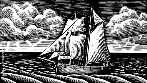 Wooden sailboat drifting across a vast and quiet ocean horizon, a black and white sketch vector hand drawn
