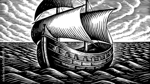 Wooden sailboat drifting across a vast and quiet ocean horizon, a black and white sketch vector hand drawn