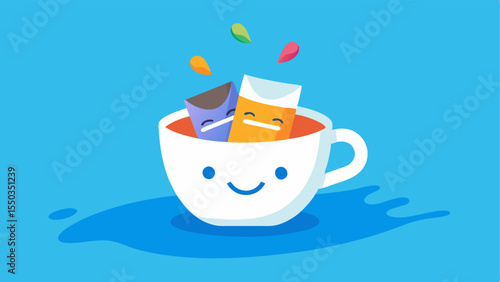 Coffee Cup Boating A cheerful coffee cup with a smiling face and cartoonstyle arms is energetically rowing a small boat made from colorful sugar packets. The boat gently rocks on a