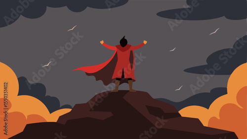 Cloaked Champion A heroic silhouette stands on a rocky outcrop arms wide open as if embracing the world. Their long cape flares out capturing the breeze with a backdrop of