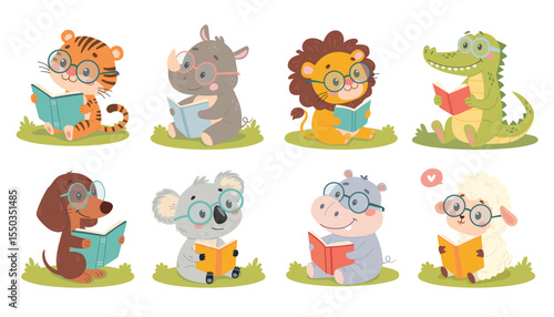 Vector illustration of a set of cute cartoon animals reading books on the grass. Funny animals with glasses reading books. 