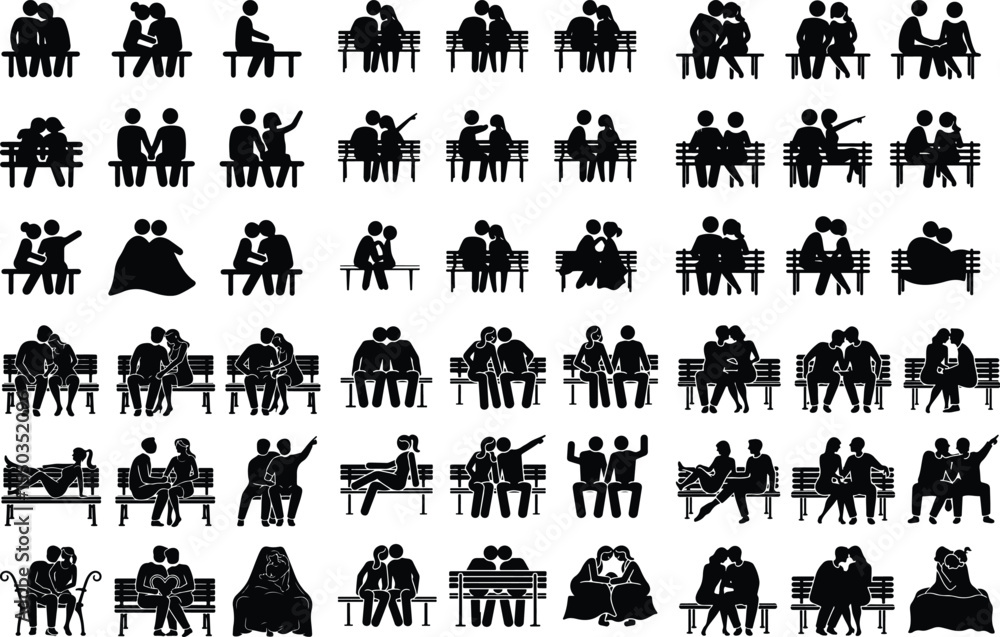 Couple Bench Pose Silhouettes – Dating, Relaxing, and Love Icons Romantic Couple Sitting on Bench Silhouette Icon Set – Love Vector Design Couple Bench Pose Silhouettes – Dating, Relaxing, and Love Icons Romantic Couple Sitting on Bench Silhouette Icon Set – Love Vector Design