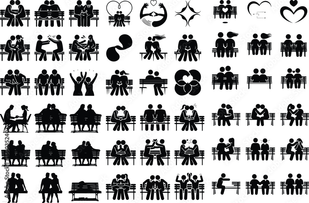 Couple Bench Pose Silhouettes – Dating, Relaxing, and Love Icons Romantic Couple Sitting on Bench Silhouette Icon Set – Love Vector Design Couple Bench Pose Silhouettes – Dating, Relaxing, and Love Icons Romantic Couple Sitting on Bench Silhouette Icon Set – Love Vector Design