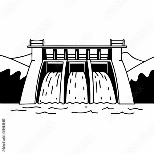 Creative River Barrage Vector Illustration | Detailed Water Control Structure for Hydropower, Irrigation, and Infrastructure Design