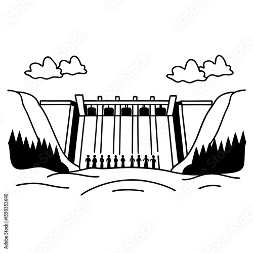 Creative River Barrage Vector Illustration | Detailed Water Control Structure for Hydropower, Irrigation, and Infrastructure Design