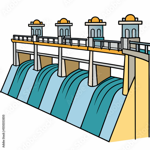 Creative River Barrage Vector Illustration | Detailed Water Control Structure for Hydropower, Irrigation, and Infrastructure Design