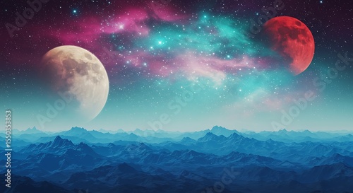 Celestial Reverie: An exquisite cosmic vista unfolds, showcasing a surreal scene with twin moons, iridescent nebula, and a captivating foreground. A vibrant tapestry of interstellar beauty and wonder.