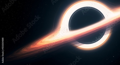 Cosmic Mystery: a realistic illustration of a black hole against the night sky, showcasing the event horizon, accretion disk, and gravitational lensing.