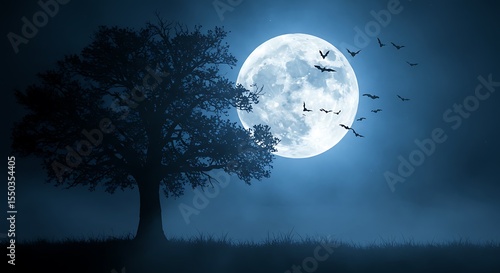 Night Tree and Full Moon:  Silhouetted oak tree stands alone against a backdrop of a large full moon and flying bats creating a mysterious and serene nocturnal scene.