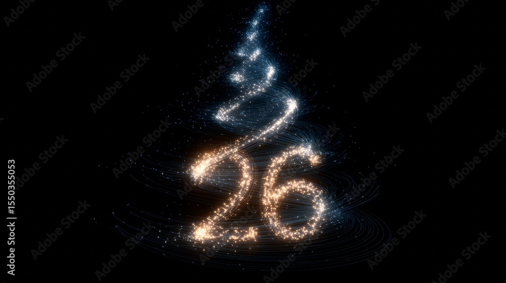 Obraz premium Glowing numbers 26 spiral upward in dark void like a Christmas tree