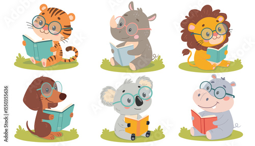 Vector illustration of a set of cute cartoon animals reading books on the grass. 