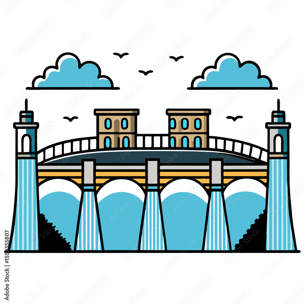 Fototapeta premium Creative River Barrage Vector Illustration | Detailed Water Control Structure for Hydropower, Irrigation, and Infrastructure Design