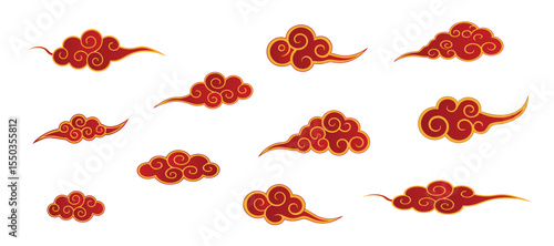 Chinese cloud set, auspicious clouds vector collection. Traditional red and gold swirling clouds decorative elements.