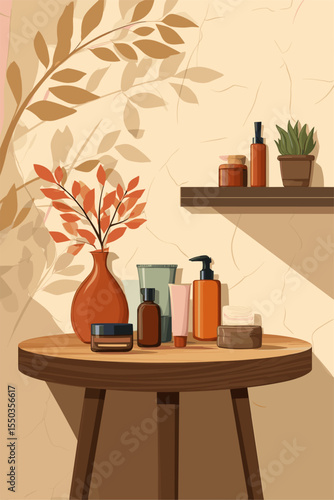 Stylish Arrangement of Skincare Products on Wooden Table with Decor