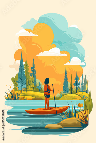 Serene Paddleboarding Scene in a Vibrant Nature Landscape