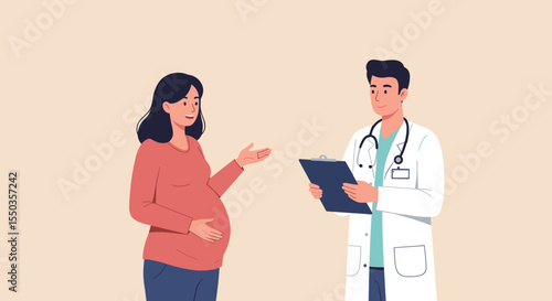 Illustration of a Pregnant Woman Consulting with a Doctor About Birth Plan for Prenatal Education and Maternal Health Awareness