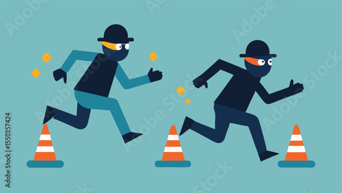 Escape Route Practice The two criminals practicing their escape routes in an animated style running through a mockup course with cones and arrows.