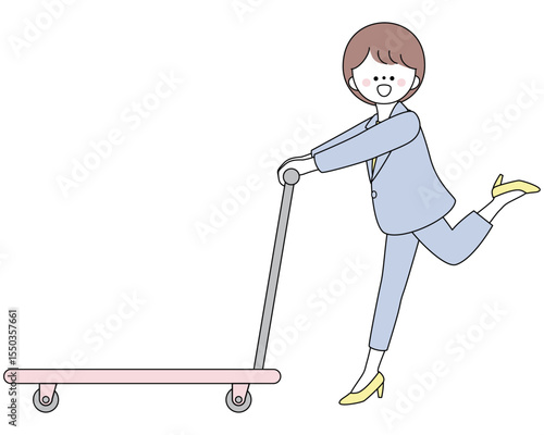 台車を押しながら走るスーツ姿の女性イラスト