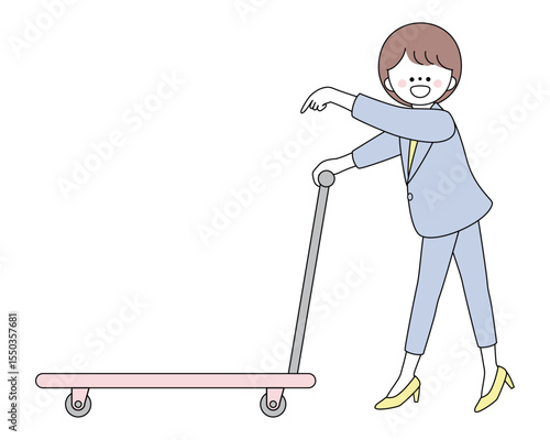 台車を押しながら指を指すスーツ姿の女性イラスト