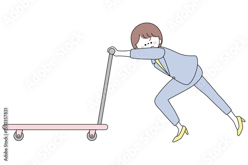 かなり重たい台車を一生懸命押すスーツ姿の女性イラスト