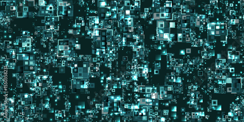 A vibrant digital abstract background featuring a futuristic circuit board pattern with glowing teal and green lights, creating a high-tech, cyberpunk aesthetic suitable for technology-related designs