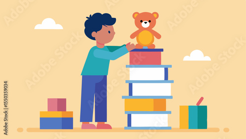 Creative Construction A young child stands on their tiptoes carefully placing a large book atop a slightly smaller one creating a tower. The background features a sunny room with