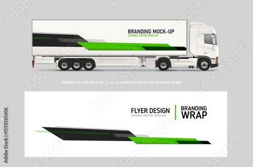 Side view Van, Truck trailer mockup with green and black stripes design for branding and corporate identity. Abstract graphics of green stripes for business background. Racing sport livery design
